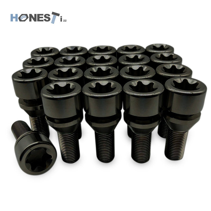 Lamborghini Titanium Wheel Lug Bolts, M14 x 1.5 x 29mm T80 Torx Cone seat with floating washers